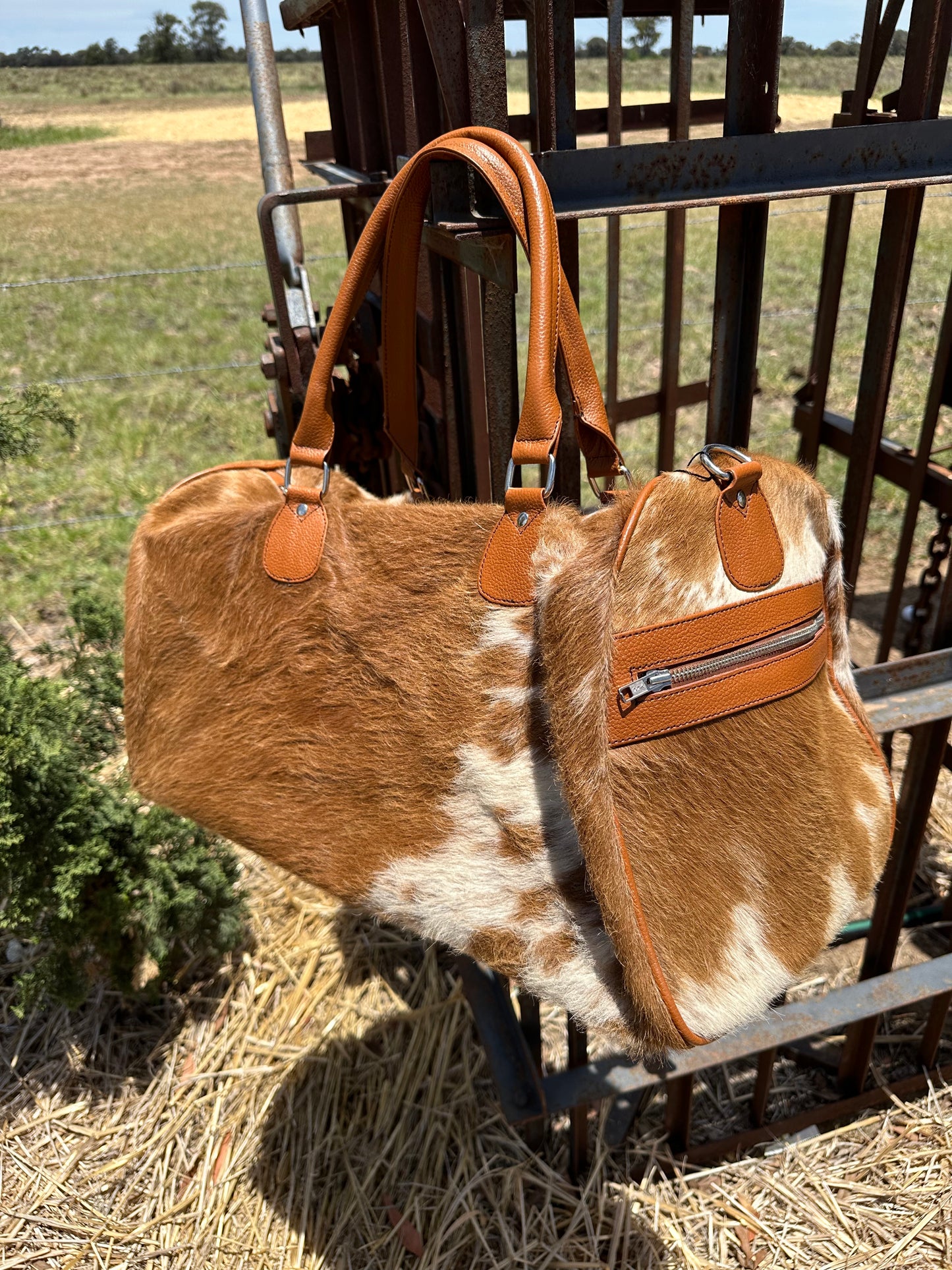 cowhide weekender bag 