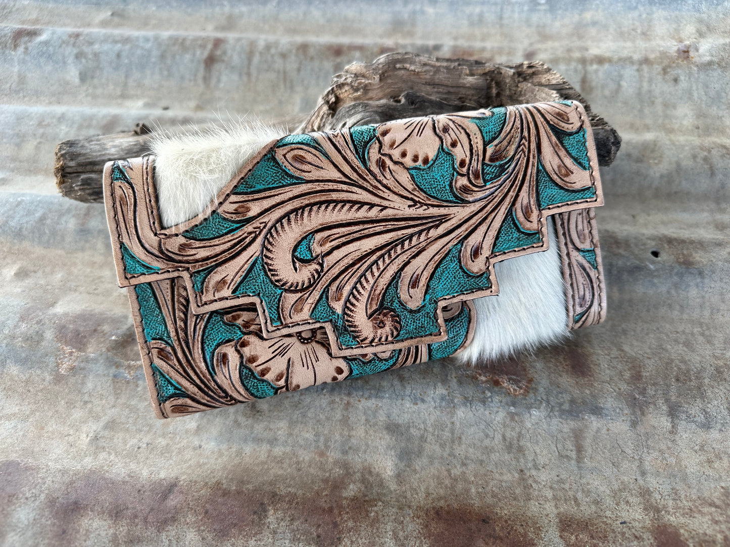 02 - Tooled Leather Aqua Wallet