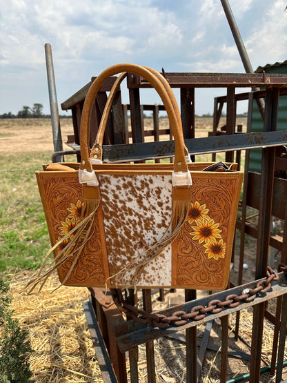 tooled leather cowhide handbag purse