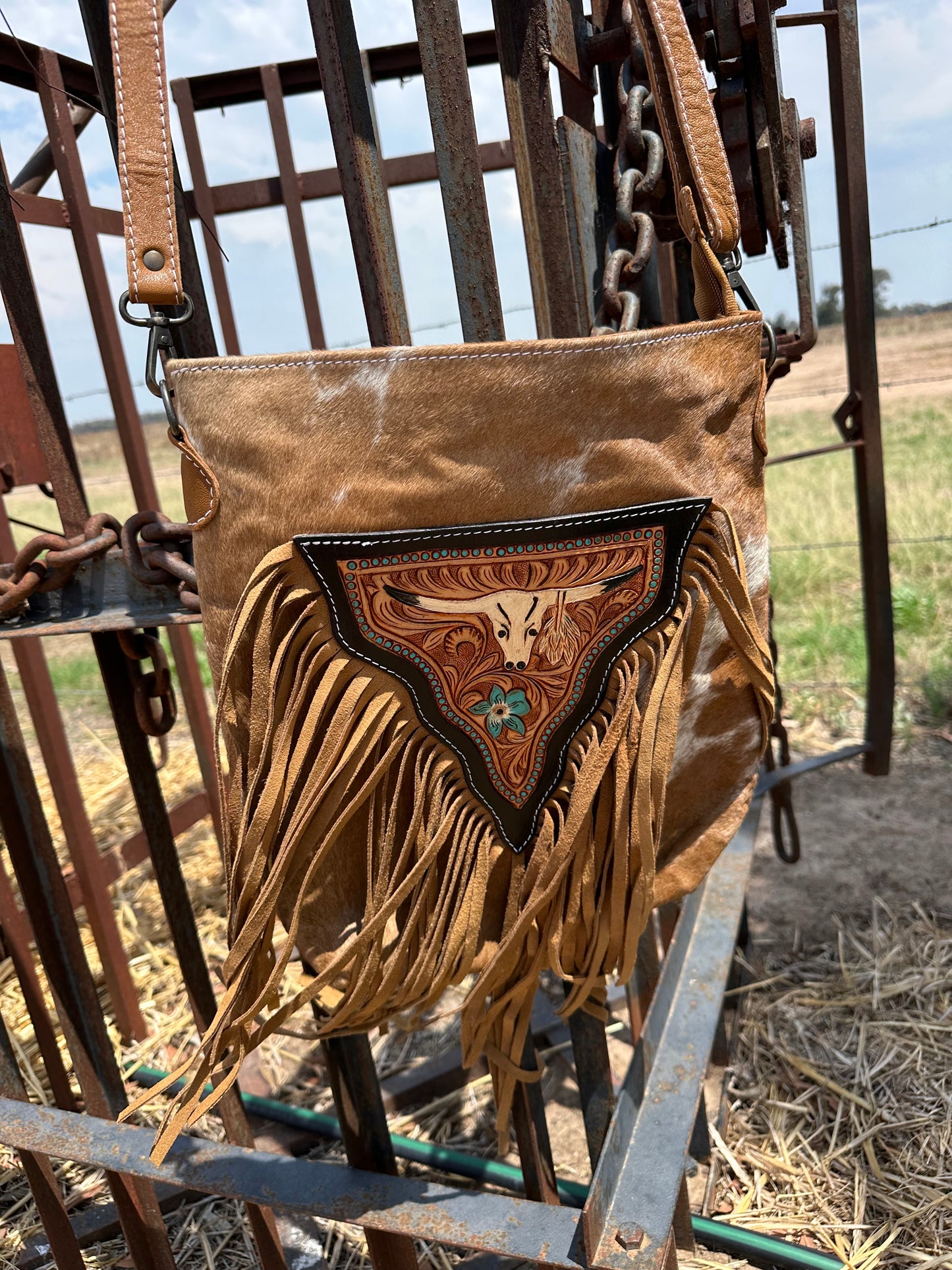 Tooled Leather Fringe Bag