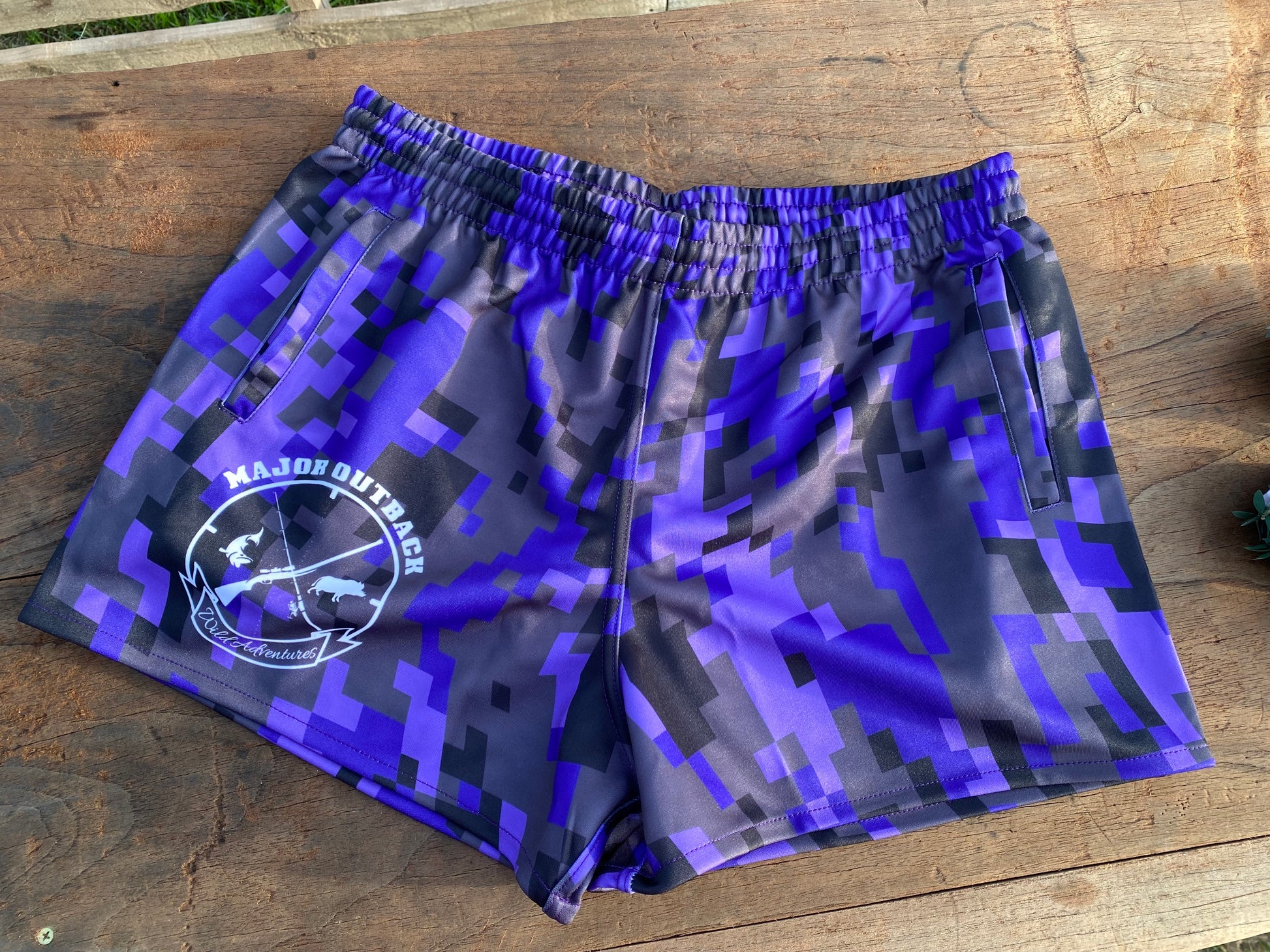 digital purple camo footy shorts with pockets